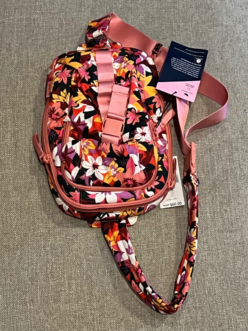 Vera Bradley Utility Sling Backpack Rosa Floral Pattern Zip & Flap Pocket Buckle - Picture 2 of 8
